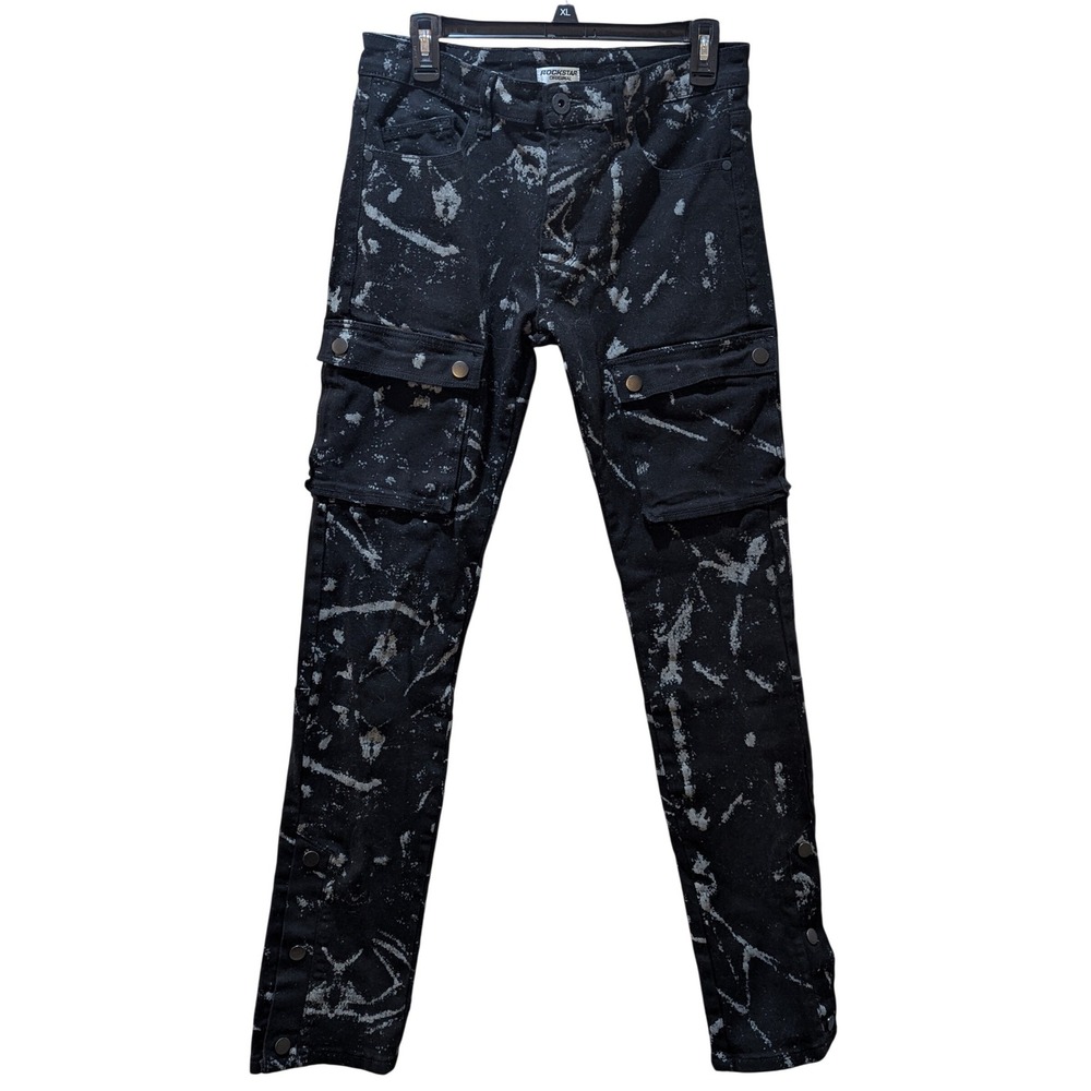 Rockstar Original Womens Paint Splatter Cargo Pants Black White Snap Cuff Size M